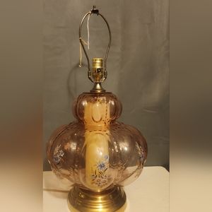 Vintage Brass Lamp Pink Beaded Glass Center Night Light Lamp 26